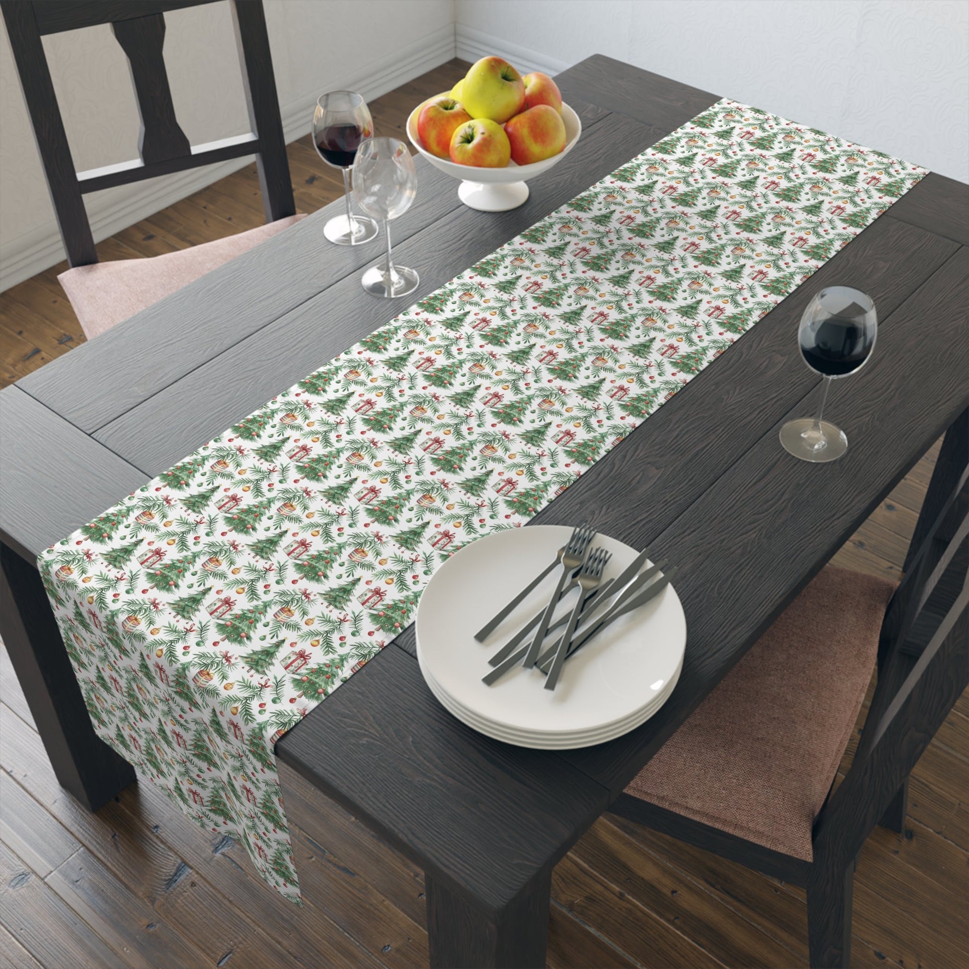 Christmas Table Runner, Festive Cotton Poly Dining Decor, Holiday Pine Branches, Celebratory Christmas Baubles, Seasonal Charm Table Linens, - EternalAscension