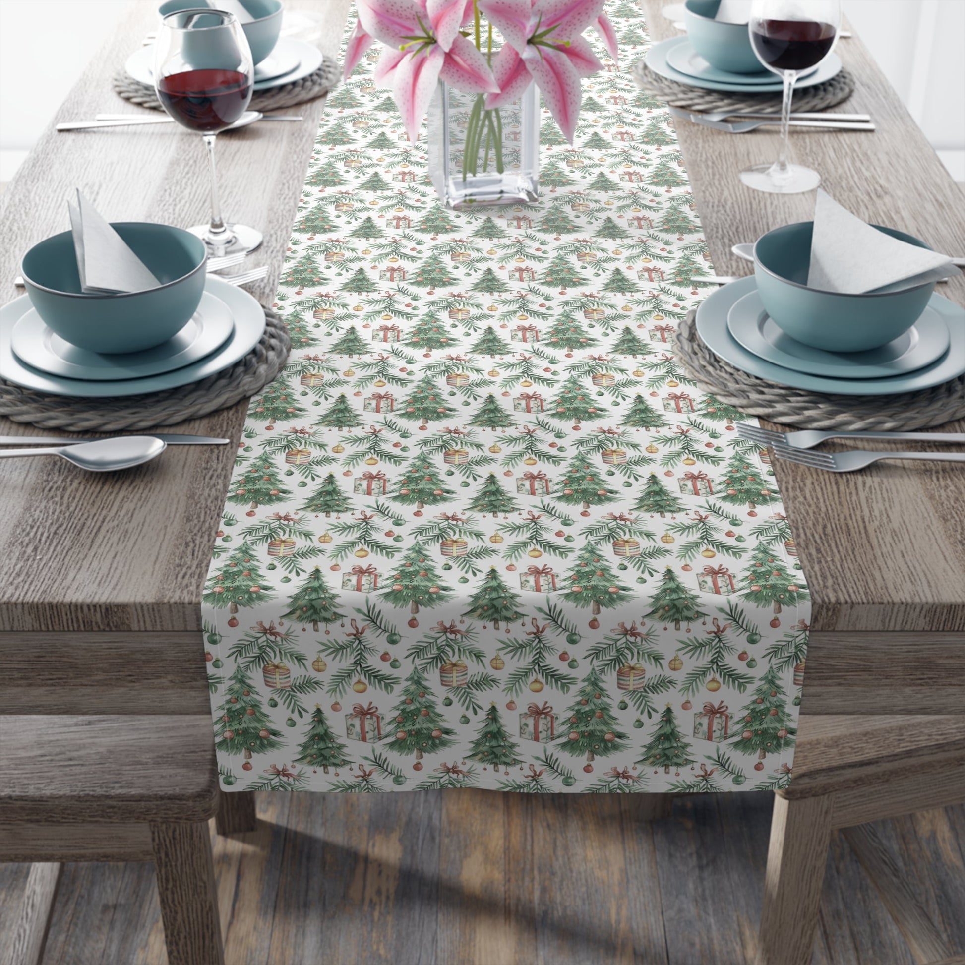 Christmas Table Runner, Festive Cotton Poly Dining Decor, Holiday Pine Branches, Celebratory Christmas Baubles, Seasonal Charm Table Linens, - EternalAscension