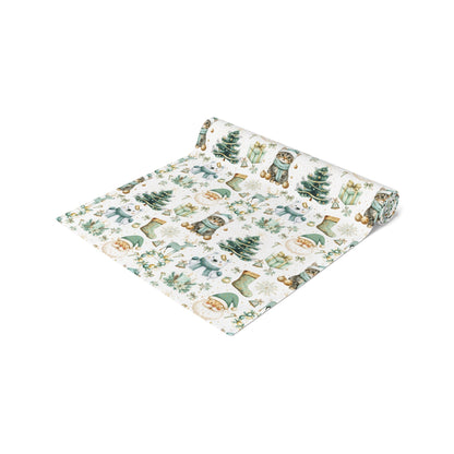 Christmas Table Runner, Festive Holiday Decor, Cotton Poly Blend, Polar Bear Santa Reindeer Cat Design, Winter Dining Decoration - EternalAscension