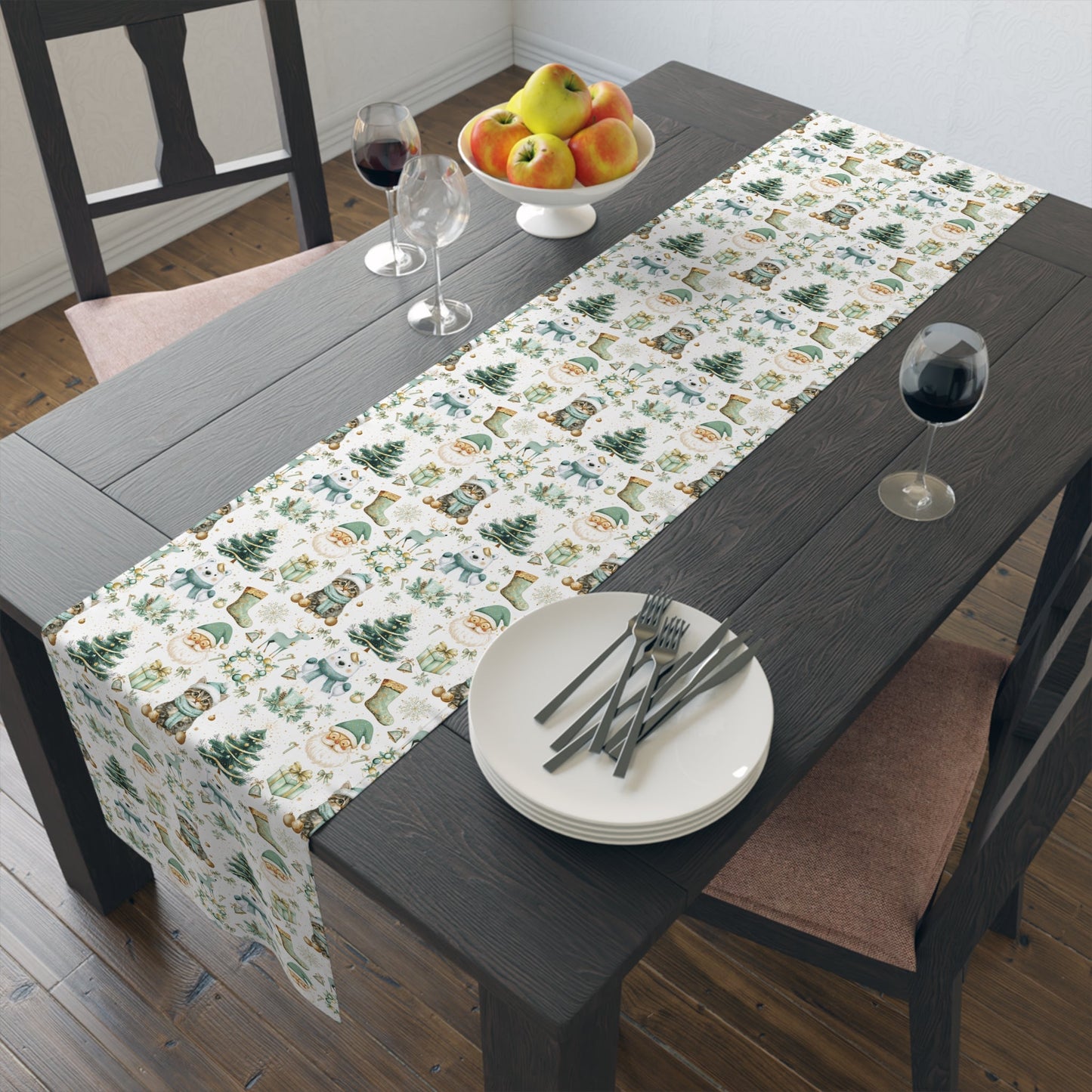 Christmas Table Runner, Festive Holiday Decor, Cotton Poly Blend, Polar Bear Santa Reindeer Cat Design, Winter Dining Decoration - EternalAscension