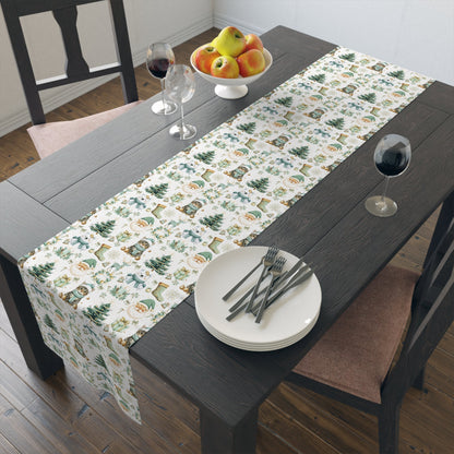 Christmas Table Runner, Festive Holiday Decor, Cotton Poly Blend, Polar Bear Santa Reindeer Cat Design, Winter Dining Decoration - EternalAscension