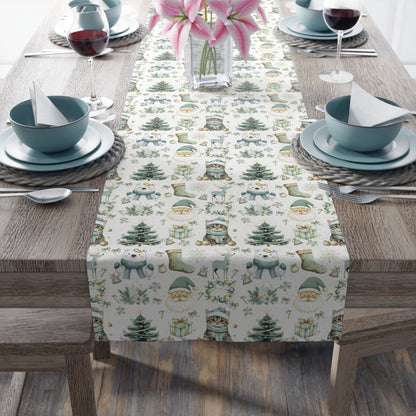 Christmas Table Runner, Festive Holiday Decor, Cotton Poly Blend, Polar Bear Santa Reindeer Cat Design, Winter Dining Decoration - EternalAscension