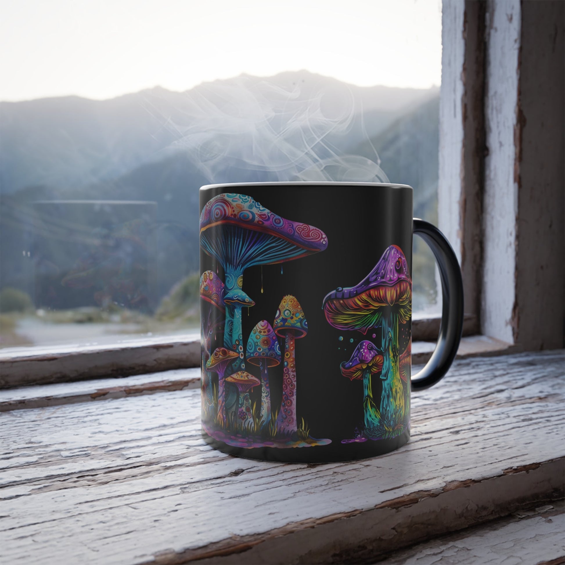 Color Morphing Mushroom Mug, 11oz - Psychedelic Mushrooms Artwork, Color Changing Coffee Cup, Trippy Ceramic Tea Mug, Unique Kitchen Gift - EternalAscension