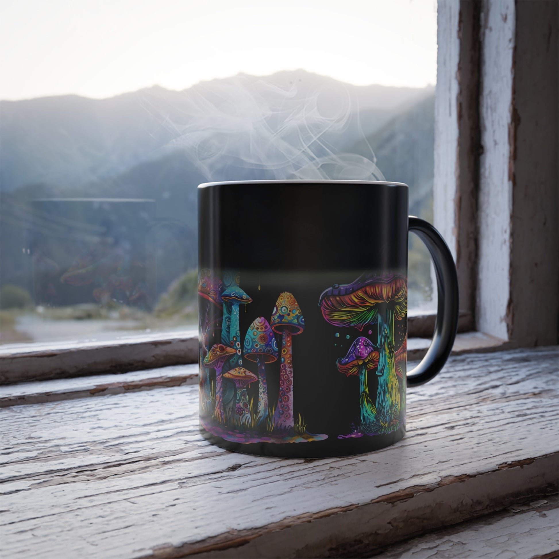 Color Morphing Mushroom Mug, 11oz - Psychedelic Mushrooms Artwork, Color Changing Coffee Cup, Trippy Ceramic Tea Mug, Unique Kitchen Gift - EternalAscension