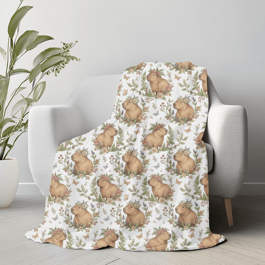 Cottagecore Capybara Blanket | Soft Plush Throw with Flowers & Butterflies | Cozy Forest Animal Blanket for Kids, Adults and Nature Lovers - EternalAscension