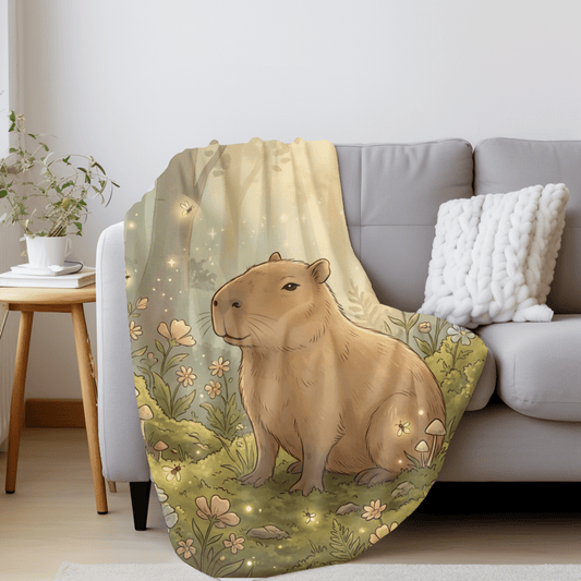Cottagecore Capybara Velveteen Plush Blanket — Fireflies & Wildflowers Throw - EternalAscension