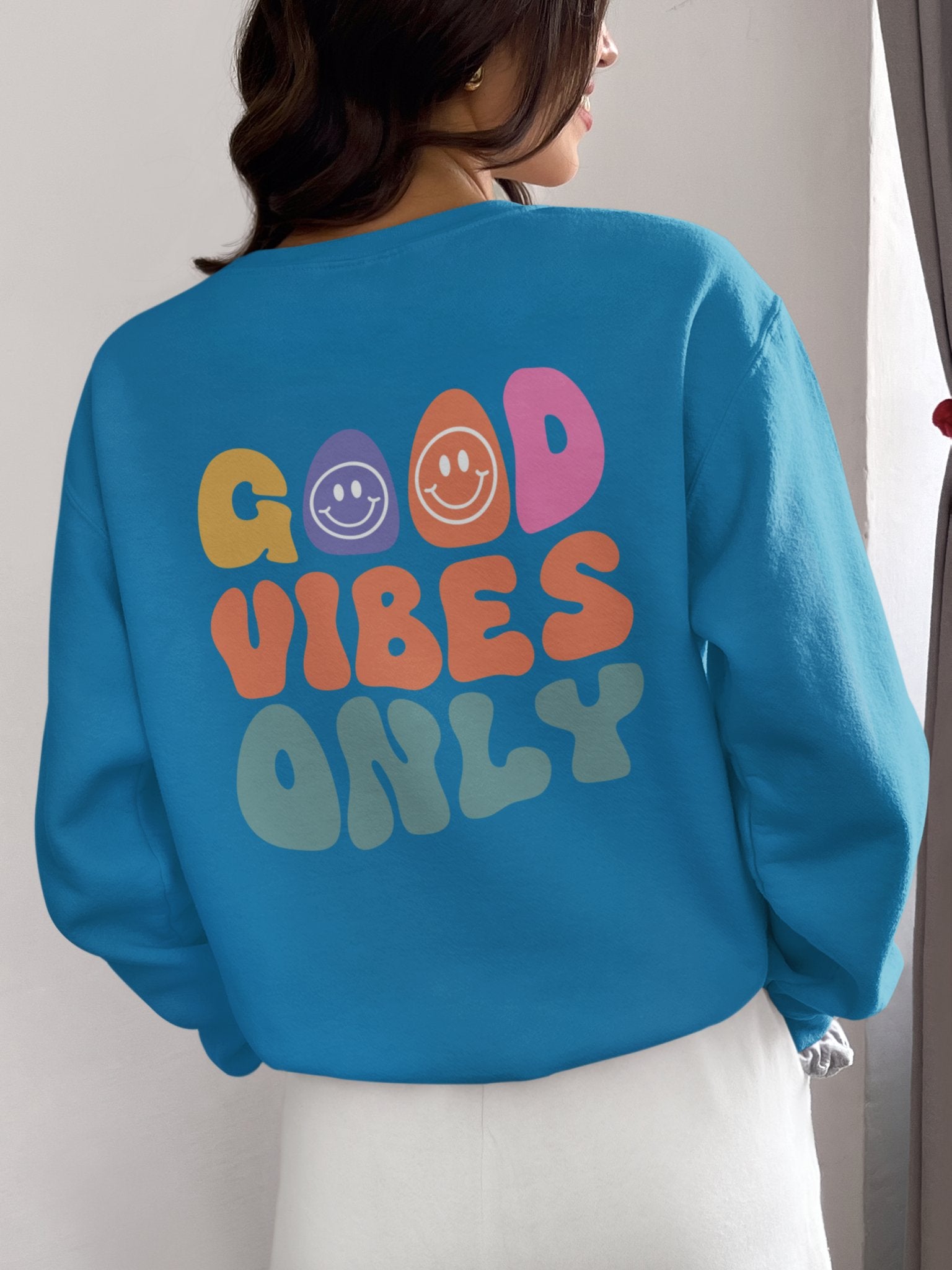 Crewneck Sweatshirt, Choose Happy & Good Vibes Only, Positive Message Retro Design, Unisex Jumper Top, Smiley Face Graphic, Dark Green, - EternalAscension