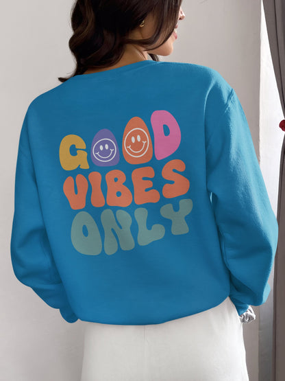 Crewneck Sweatshirt, Choose Happy & Good Vibes Only, Positive Message Retro Design, Unisex Jumper Top, Smiley Face Graphic, Dark Green, - EternalAscension
