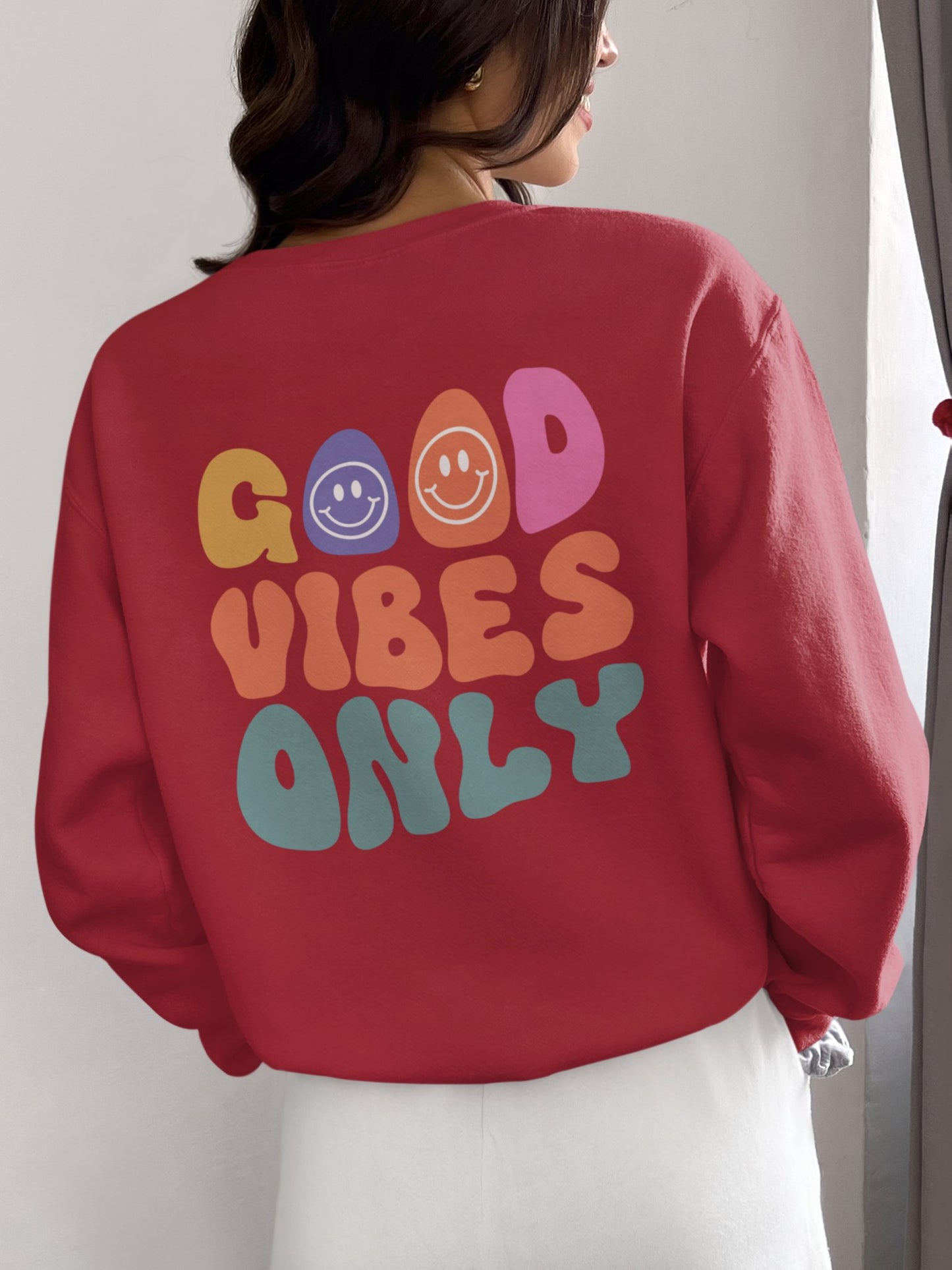 Crewneck Sweatshirt, Choose Happy & Good Vibes Only, Positive Message Retro Design, Unisex Jumper Top, Smiley Face Graphic, Dark Green, - EternalAscension