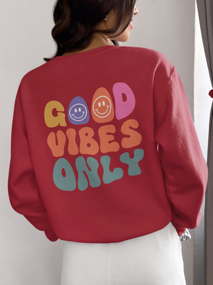 Crewneck Sweatshirt, Choose Happy & Good Vibes Only, Positive Message Retro Design, Unisex Jumper Top, Smiley Face Graphic, Dark Green, - EternalAscension