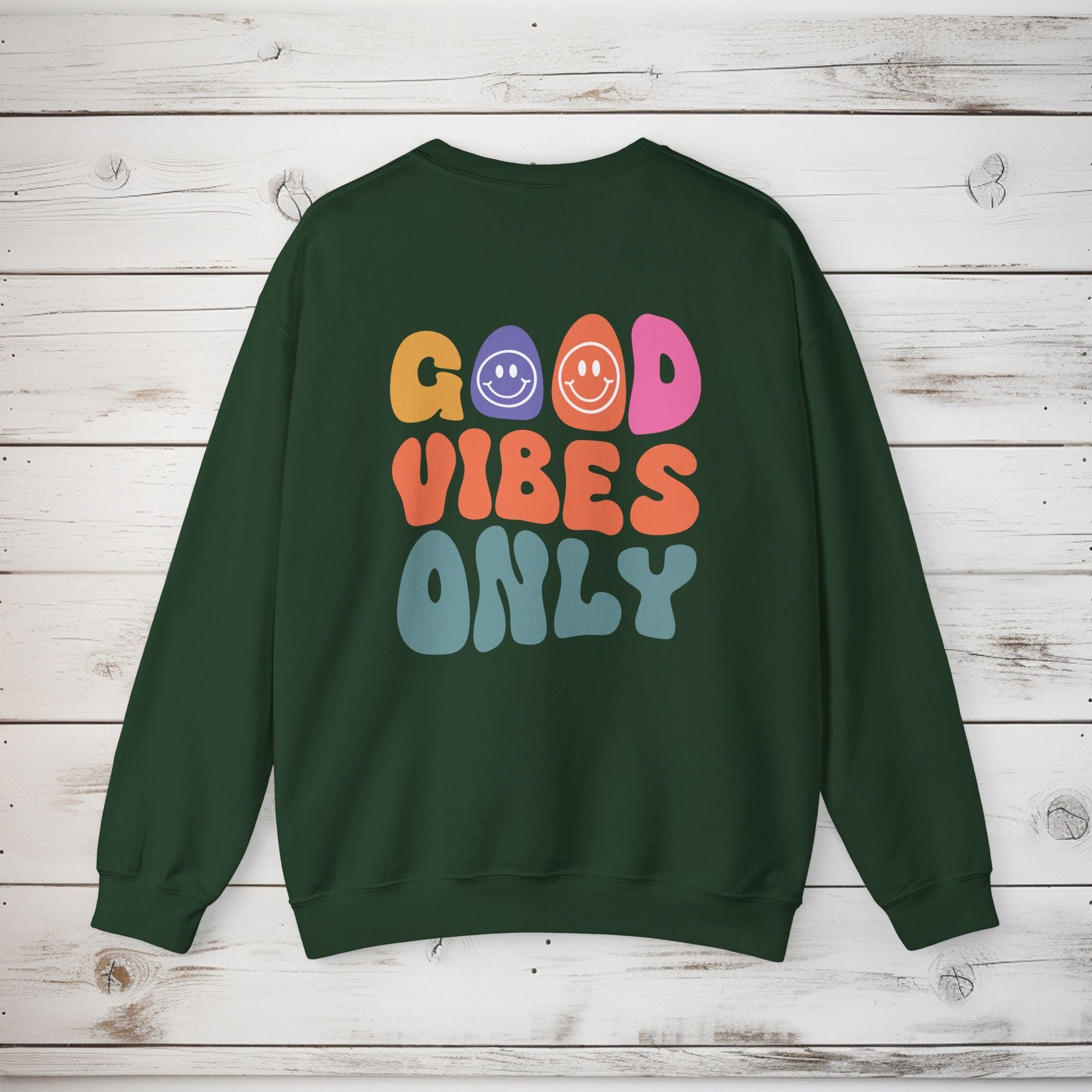 Crewneck Sweatshirt, Choose Happy & Good Vibes Only, Positive Message Retro Design, Unisex Jumper Top, Smiley Face Graphic, Dark Green, - EternalAscension