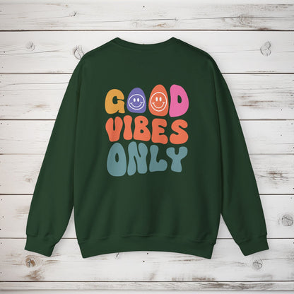 Crewneck Sweatshirt, Choose Happy & Good Vibes Only, Positive Message Retro Design, Unisex Jumper Top, Smiley Face Graphic, Dark Green, - EternalAscension