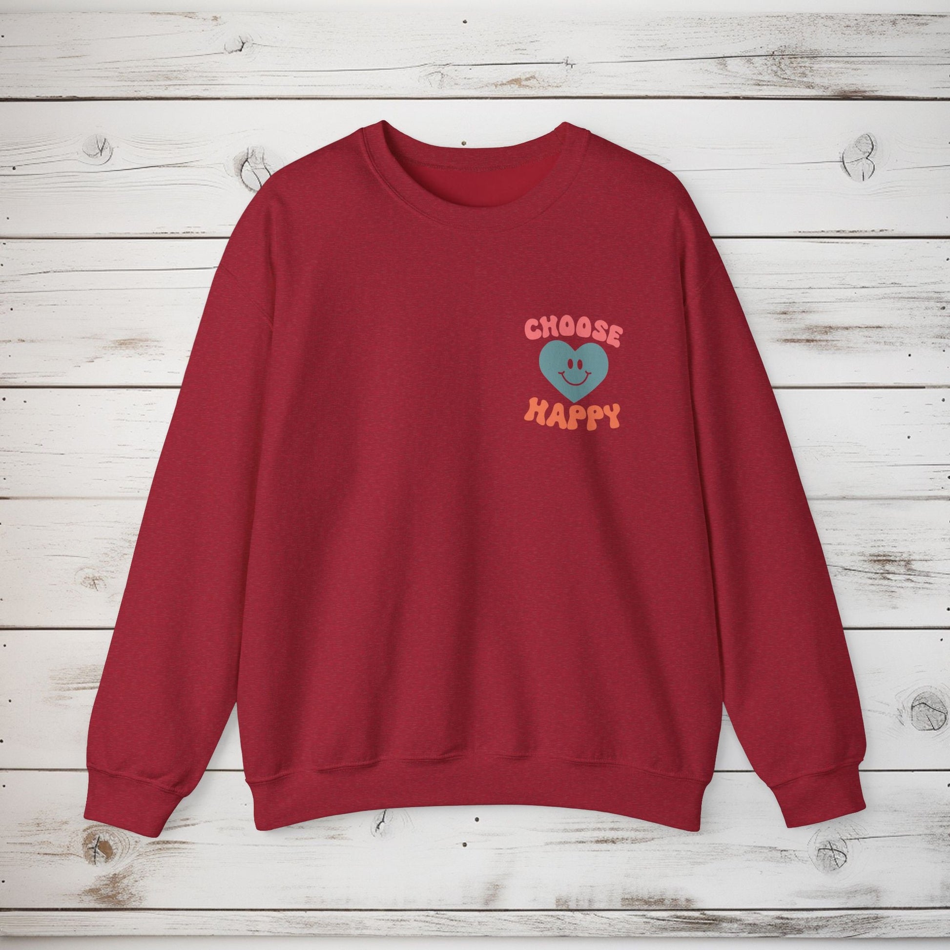 Crewneck Sweatshirt, Choose Happy & Good Vibes Only, Positive Message Retro Design, Unisex Jumper Top, Smiley Face Graphic, Dark Green, - EternalAscension
