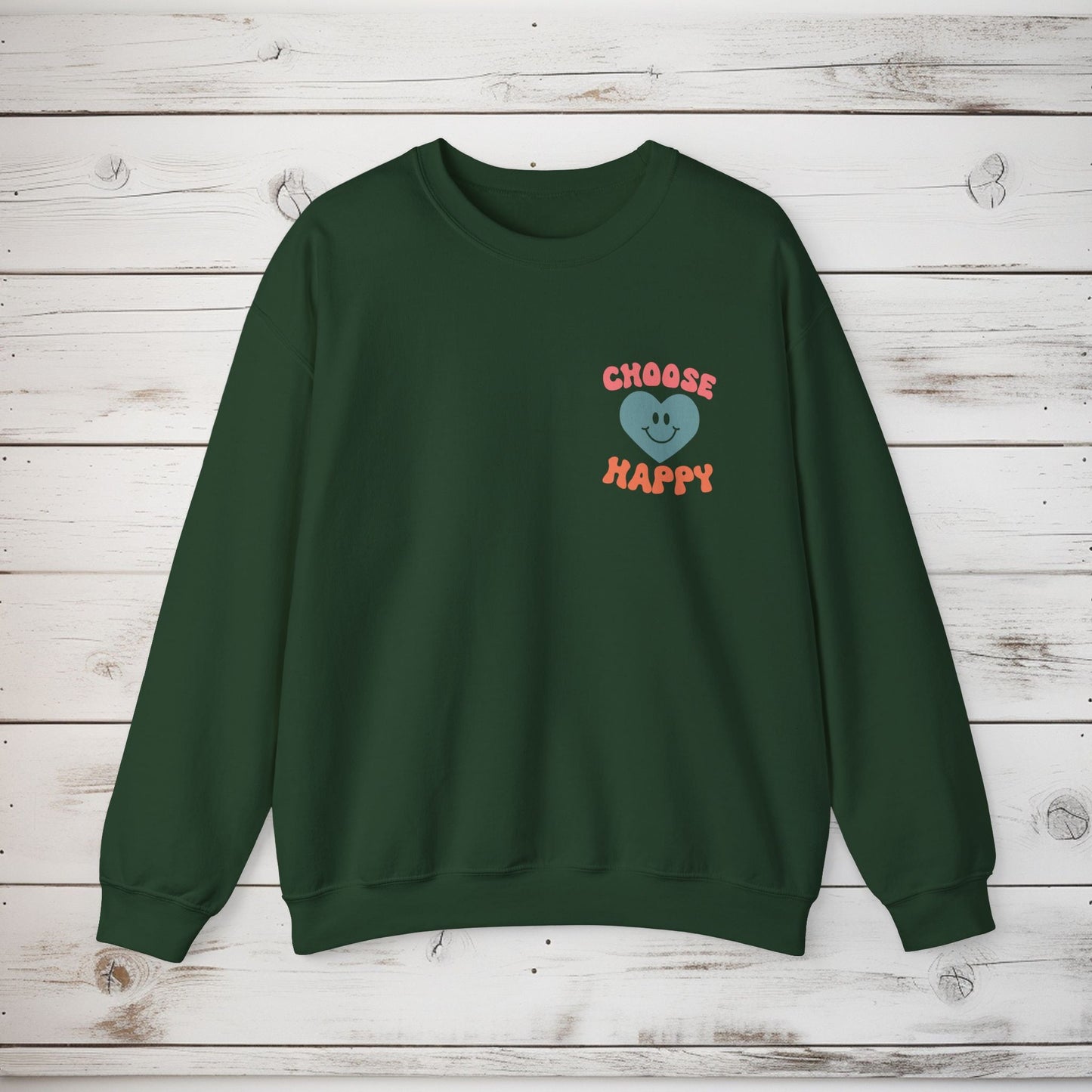 Crewneck Sweatshirt, Choose Happy & Good Vibes Only, Positive Message Retro Design, Unisex Jumper Top, Smiley Face Graphic, Dark Green, - EternalAscension