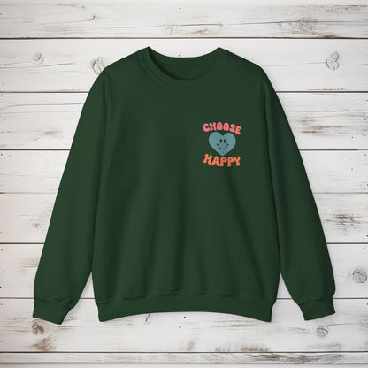 Crewneck Sweatshirt, Choose Happy & Good Vibes Only, Positive Message Retro Design, Unisex Jumper Top, Smiley Face Graphic, Dark Green, - EternalAscension