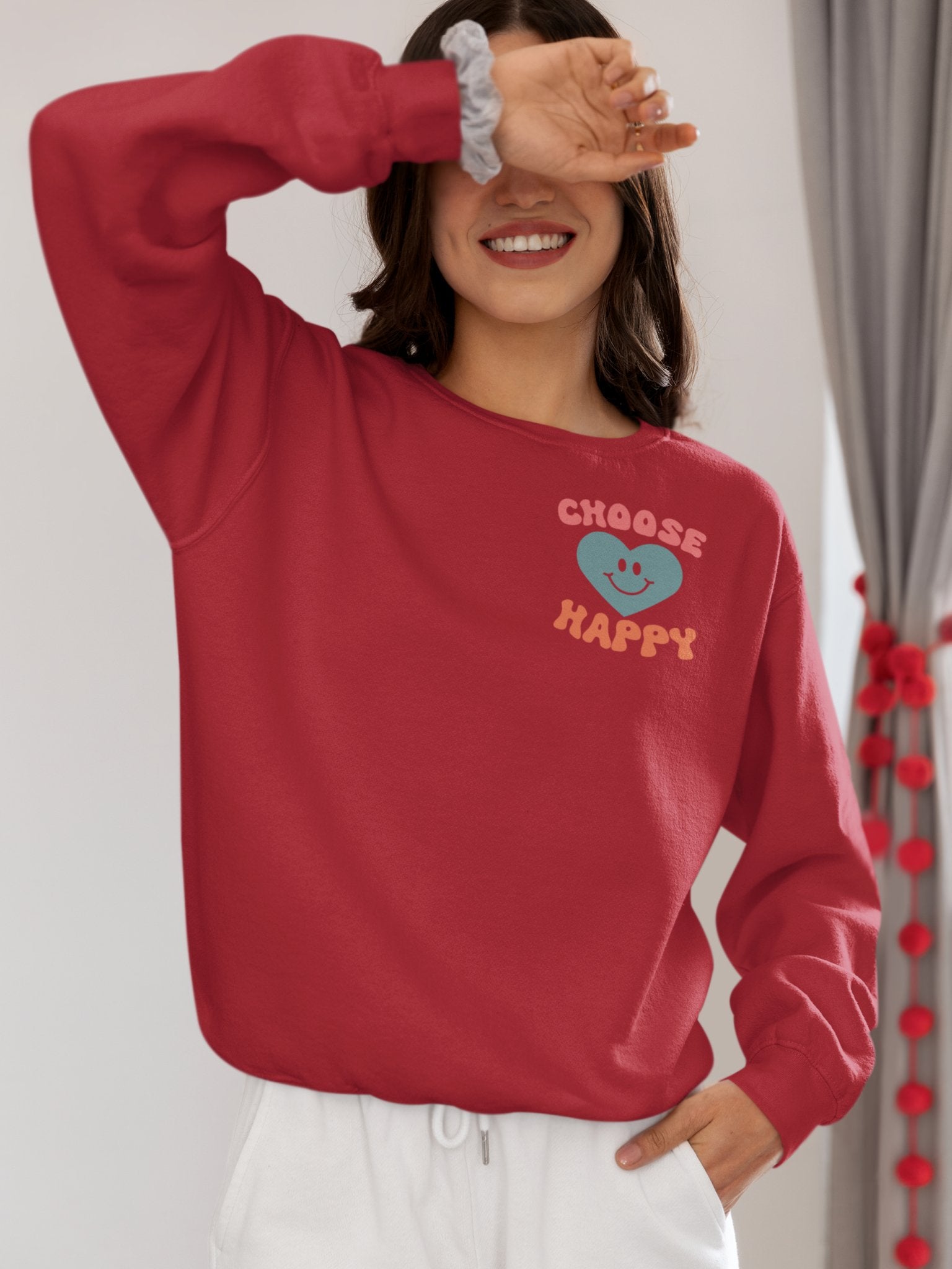 Crewneck Sweatshirt, Choose Happy & Good Vibes Only, Positive Message Retro Design, Unisex Jumper Top, Smiley Face Graphic, Dark Green, - EternalAscension