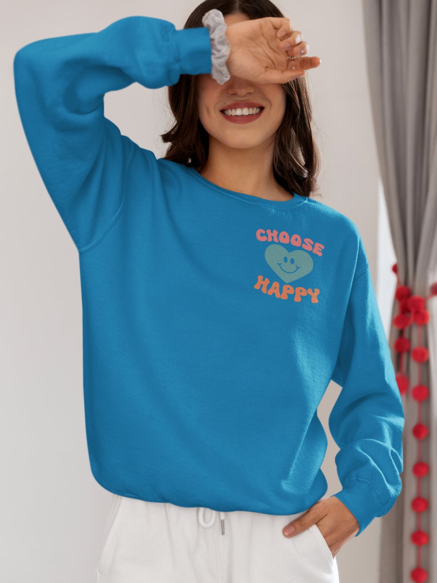 Crewneck Sweatshirt, Choose Happy & Good Vibes Only, Positive Message Retro Design, Unisex Jumper Top, Smiley Face Graphic, Dark Green, - EternalAscension