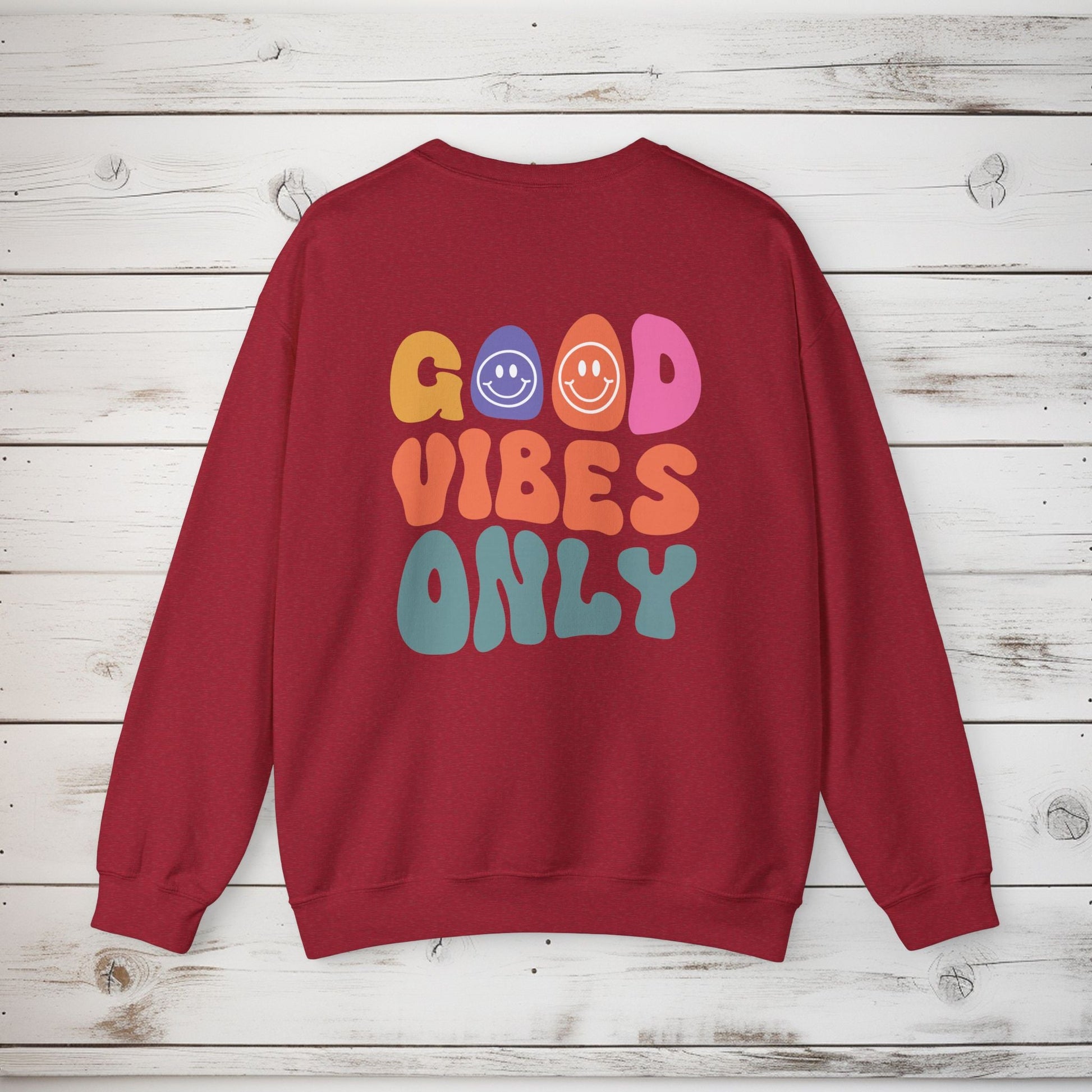 Crewneck Sweatshirt, Choose Happy & Good Vibes Only, Positive Message Retro Design, Unisex Jumper Top, Smiley Face Graphic, Dark Green, - EternalAscension