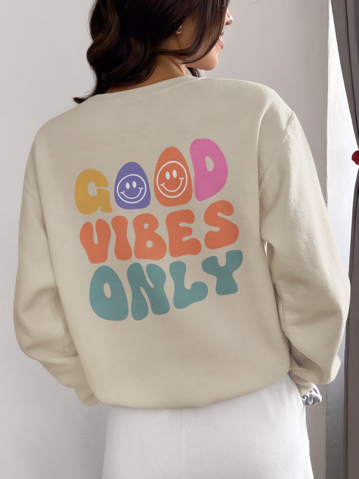 Crewneck Sweatshirt, Choose Happy & Good Vibes Only, Positive Message Retro Design, Unisex Jumper Top, Smiley Face Graphic, Dark Green, - EternalAscension