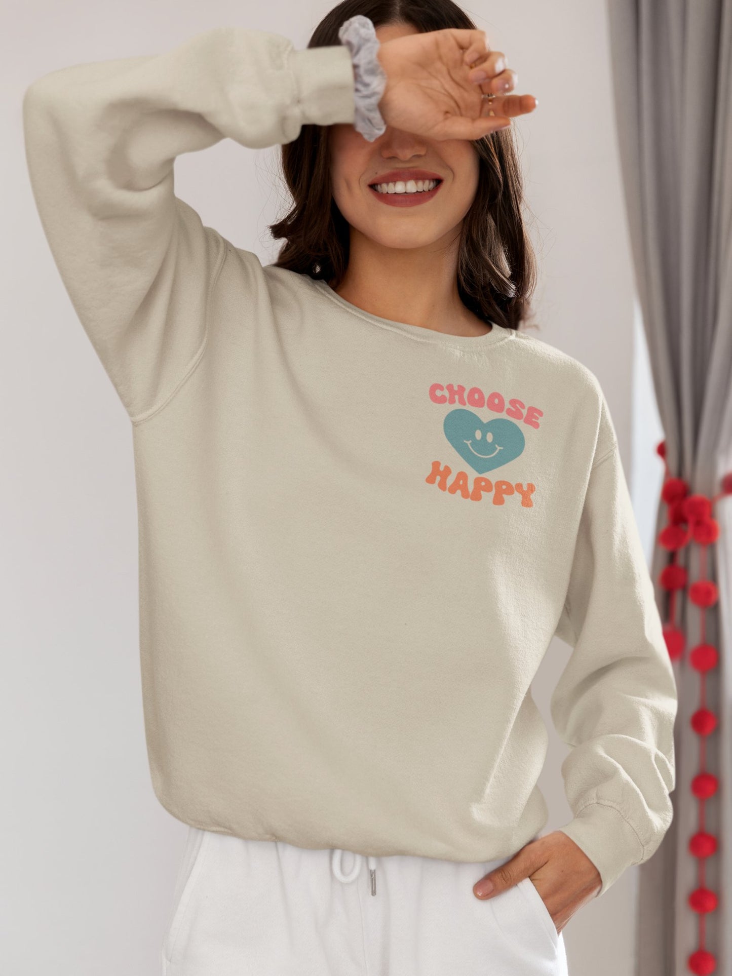 Crewneck Sweatshirt, Choose Happy & Good Vibes Only, Positive Message Retro Design, Unisex Jumper Top, Smiley Face Graphic, Dark Green, - EternalAscension