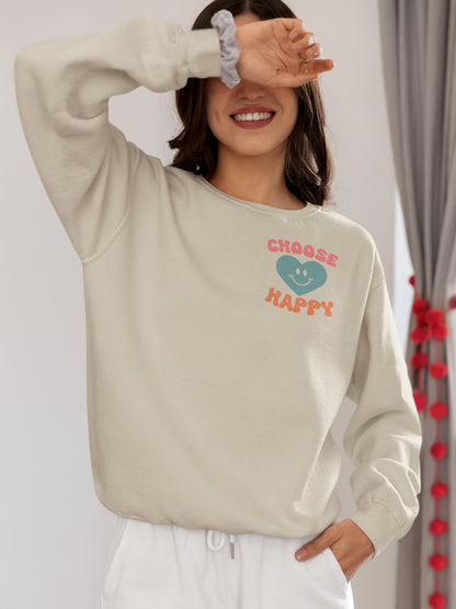 Crewneck Sweatshirt, Choose Happy & Good Vibes Only, Positive Message Retro Design, Unisex Jumper Top, Smiley Face Graphic, Dark Green, - EternalAscension