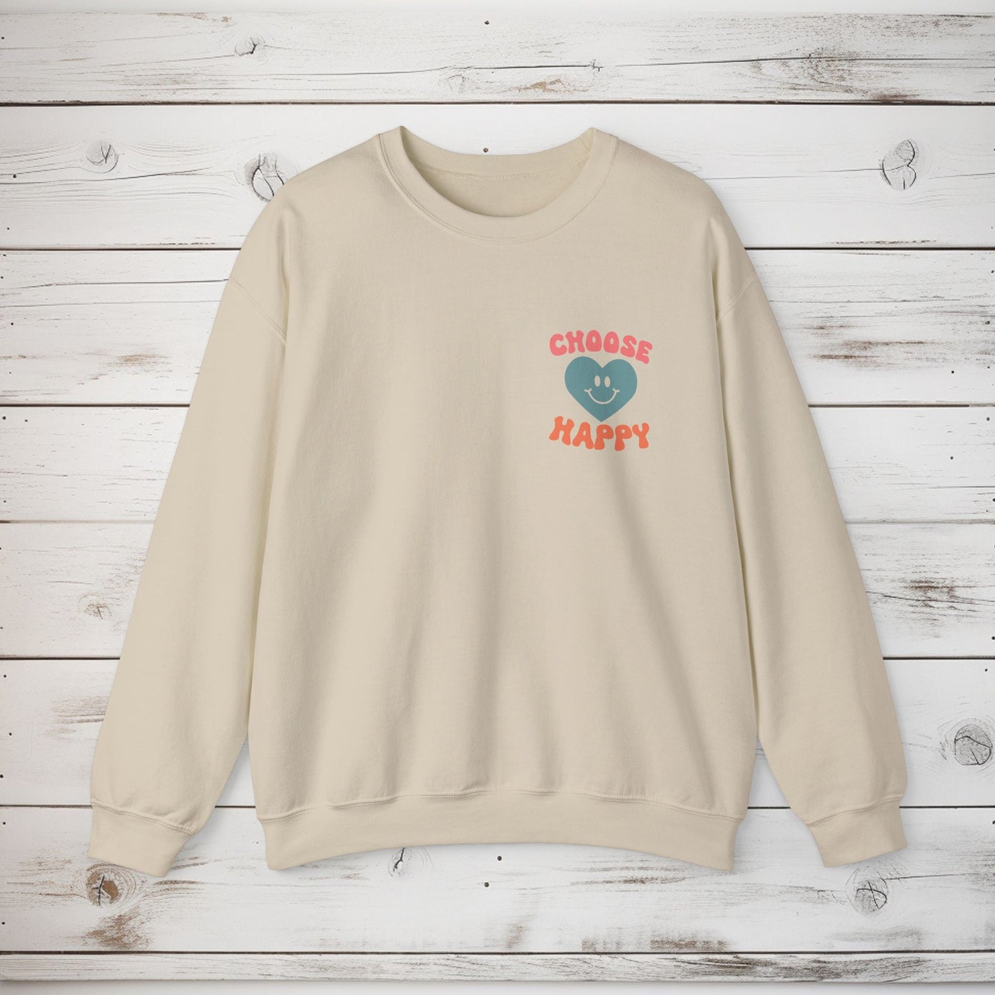 Crewneck Sweatshirt, Choose Happy & Good Vibes Only, Positive Message Retro Design, Unisex Jumper Top, Smiley Face Graphic, Dark Green, - EternalAscension