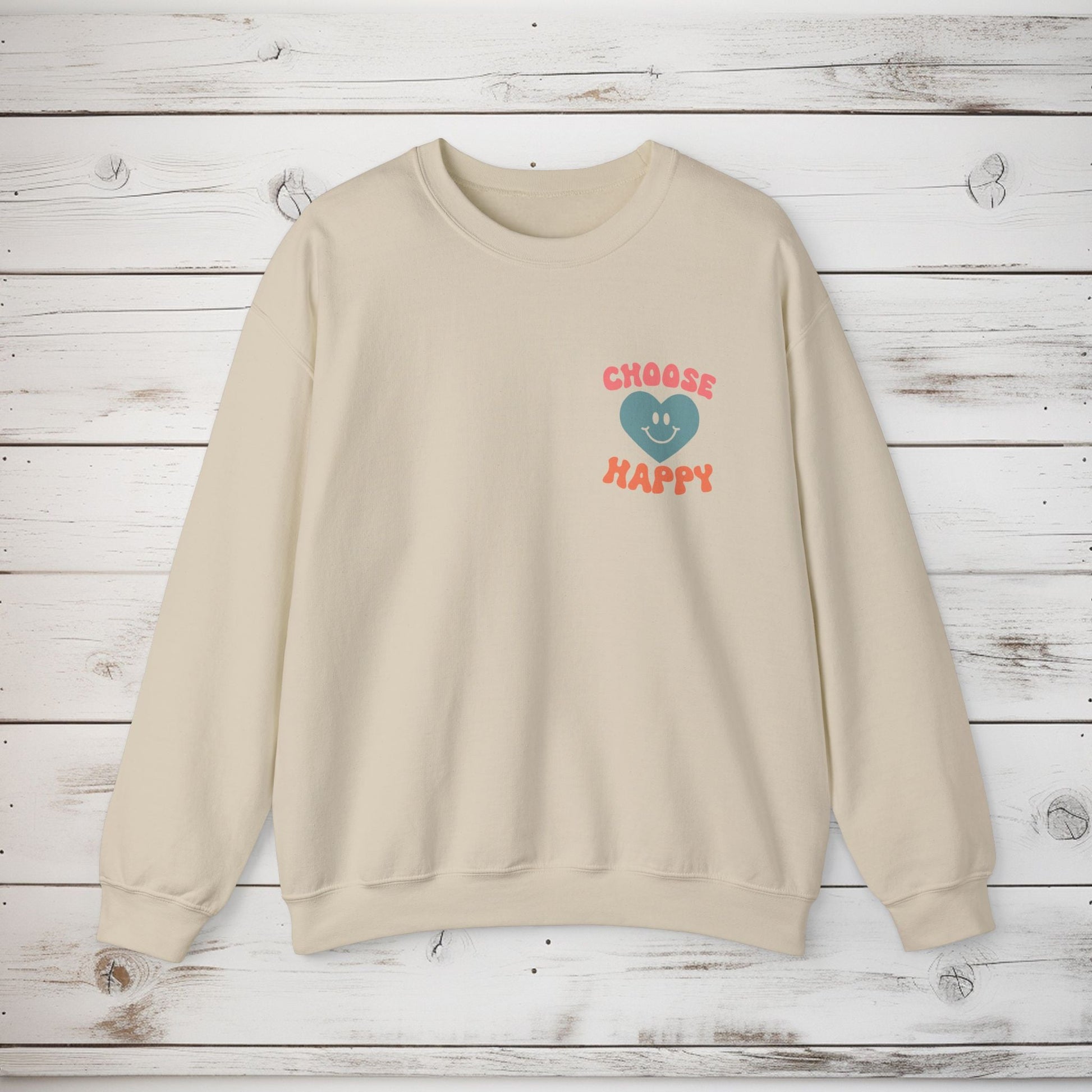 Crewneck Sweatshirt, Choose Happy & Good Vibes Only, Positive Message Retro Design, Unisex Jumper Top, Smiley Face Graphic, Dark Green, - EternalAscension