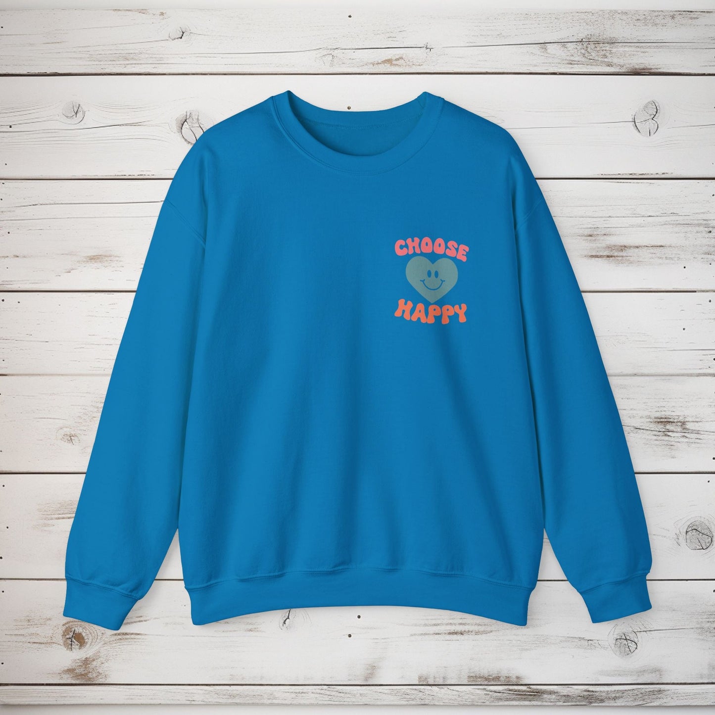 Crewneck Sweatshirt, Choose Happy & Good Vibes Only, Positive Message Retro Design, Unisex Jumper Top, Smiley Face Graphic, Dark Green, - EternalAscension