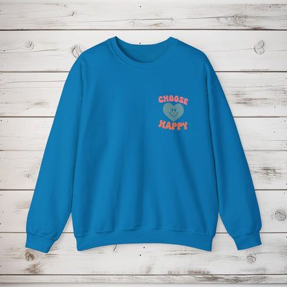 Crewneck Sweatshirt, Choose Happy & Good Vibes Only, Positive Message Retro Design, Unisex Jumper Top, Smiley Face Graphic, Dark Green, - EternalAscension