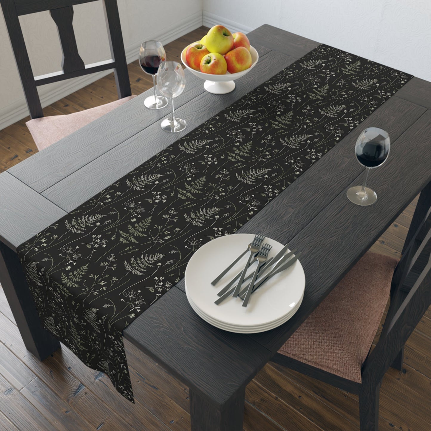 Dark Botanical Ferns Table Runner | Floral Leaf Pattern, Black Gray - EternalAscension