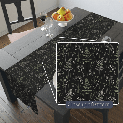 Dark Botanical Ferns Table Runner | Floral Leaf Pattern, Black Gray - EternalAscension