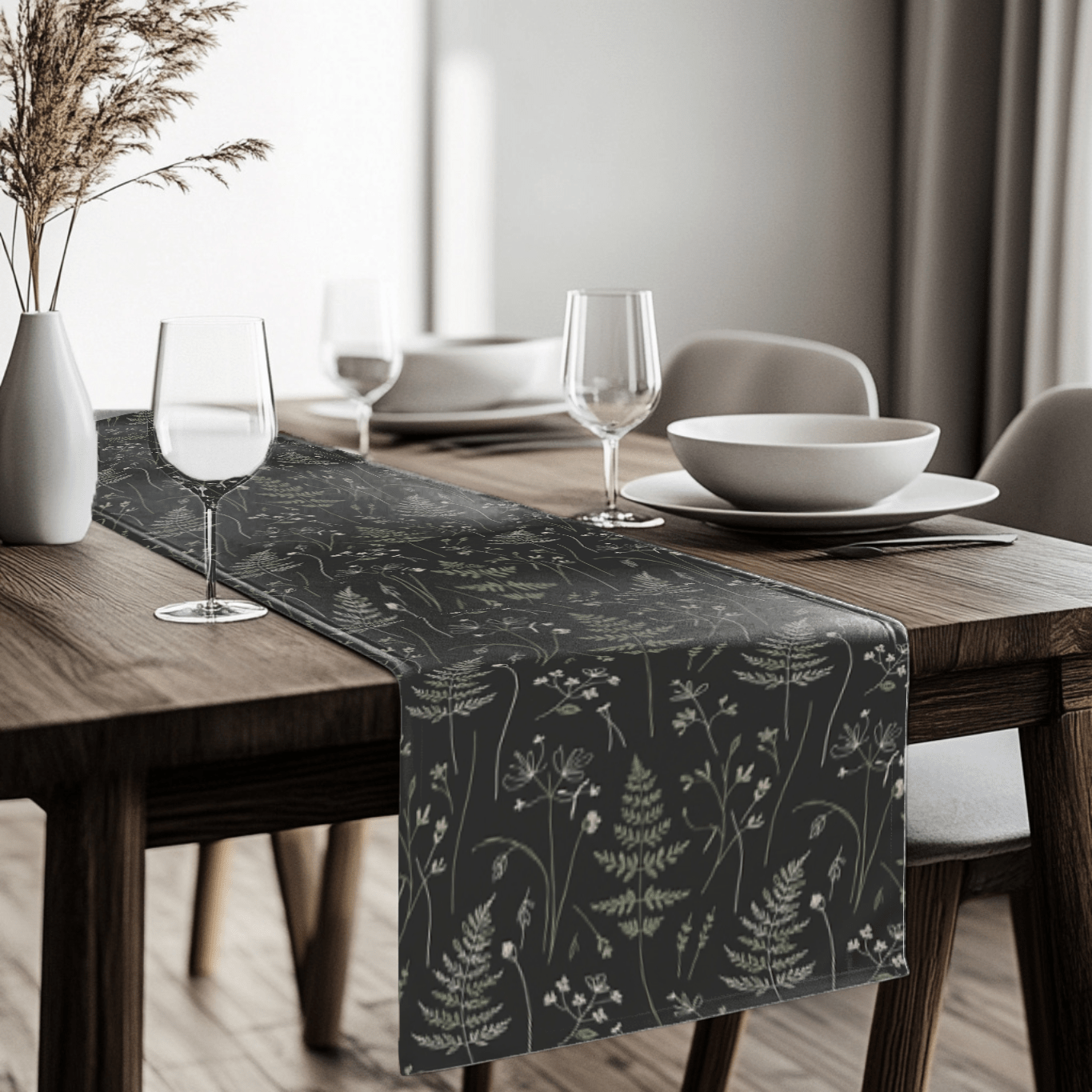 Dark Botanical Ferns Table Runner | Floral Leaf Pattern, Black Gray - EternalAscension