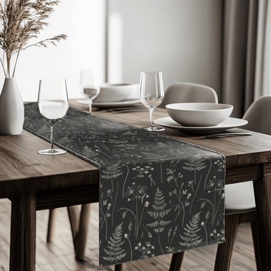 Dark Botanical Ferns Table Runner | Floral Leaf Pattern, Black Gray - EternalAscension