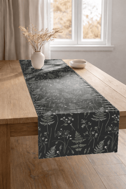 Dark Botanical Ferns Table Runner | Floral Leaf Pattern, Black Gray - EternalAscension
