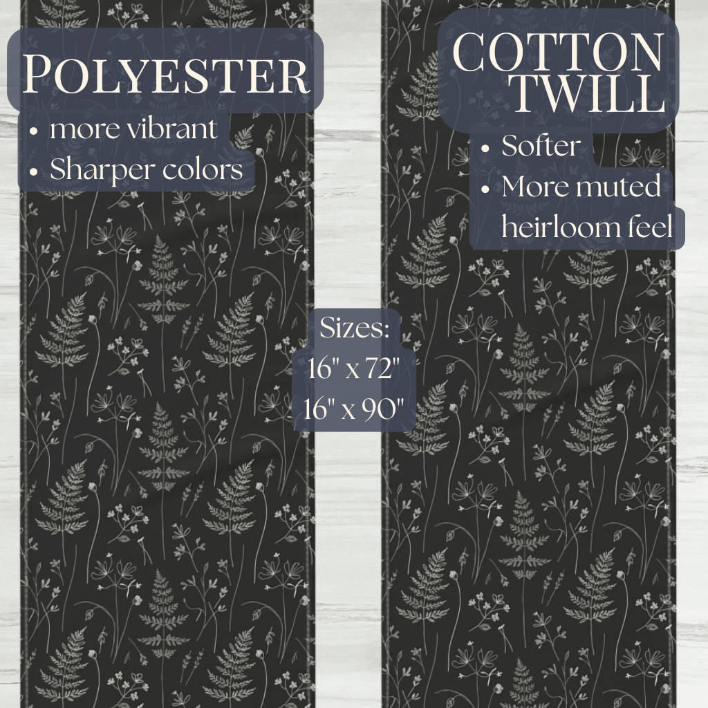Dark Botanical Ferns Table Runner | Floral Leaf Pattern, Black Gray - EternalAscension