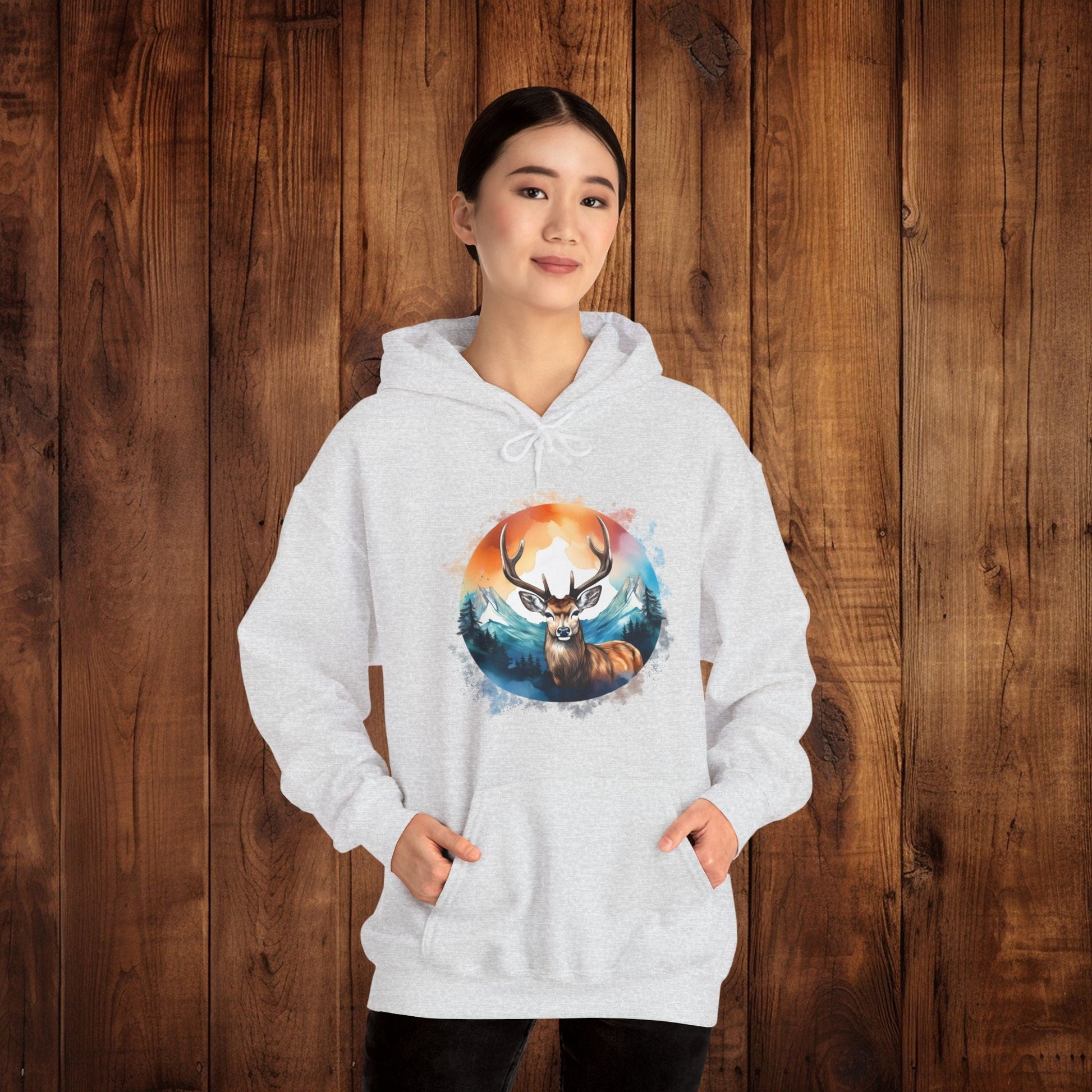 Deer Mountain Hoodie Sweatshirt, Nature Lover Gift, Outdoor Enthusiast, Wildlife Clothing, Winter Scene Pullover, Mountain Landscape Top - EternalAscension
