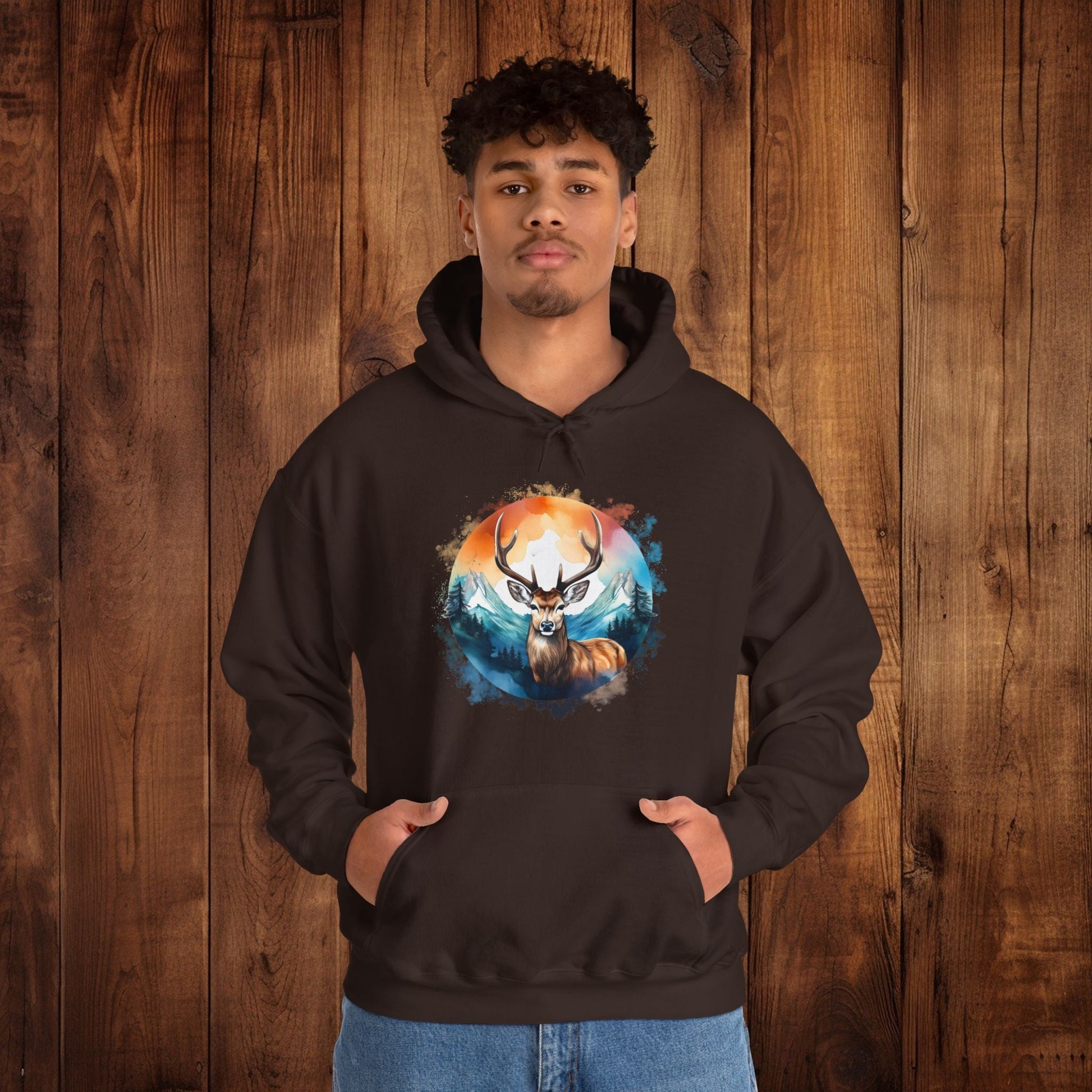 Deer Mountain Hoodie Sweatshirt, Nature Lover Gift, Outdoor Enthusiast, Wildlife Clothing, Winter Scene Pullover, Mountain Landscape Top - EternalAscension