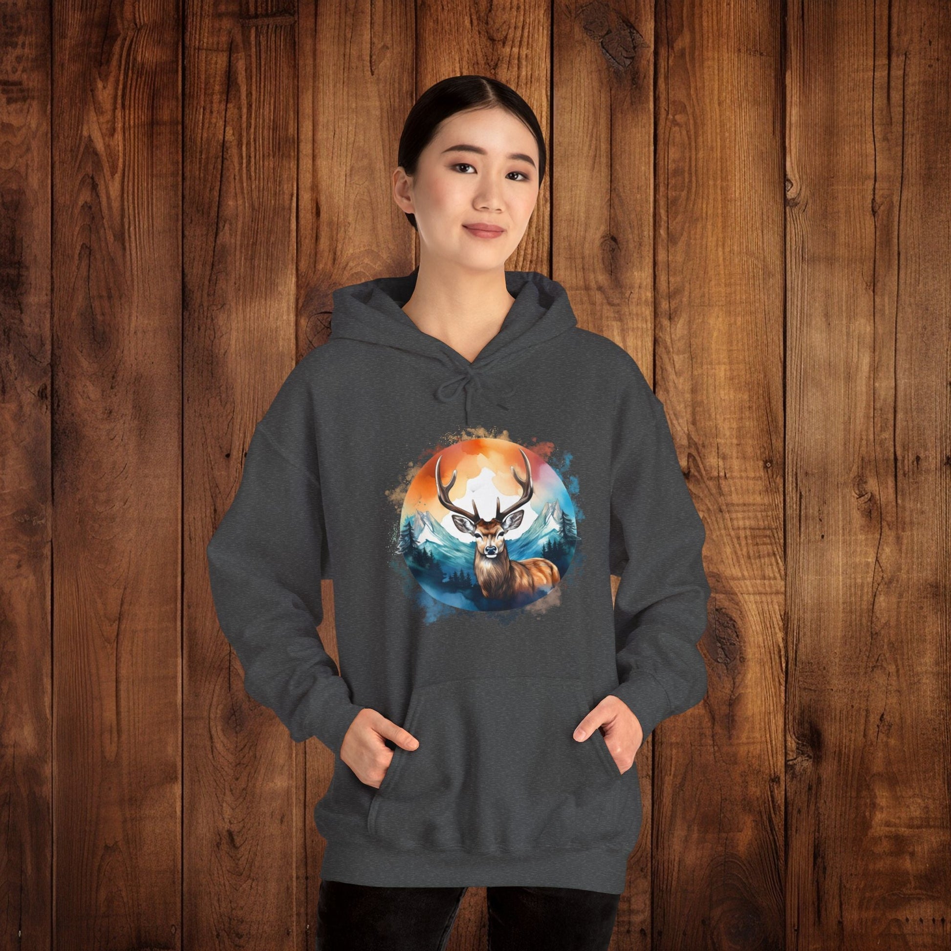Deer Mountain Hoodie Sweatshirt, Nature Lover Gift, Outdoor Enthusiast, Wildlife Clothing, Winter Scene Pullover, Mountain Landscape Top - EternalAscension