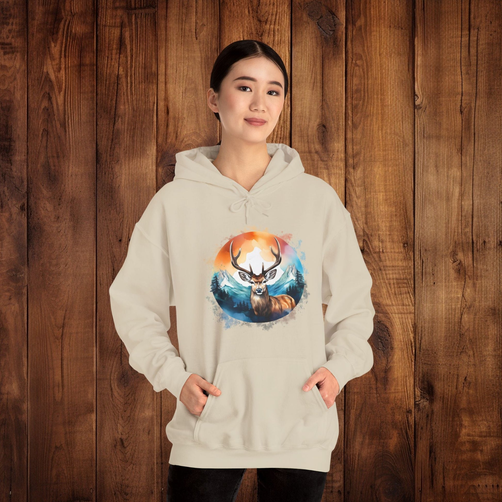 Deer Mountain Hoodie Sweatshirt, Nature Lover Gift, Outdoor Enthusiast, Wildlife Clothing, Winter Scene Pullover, Mountain Landscape Top - EternalAscension