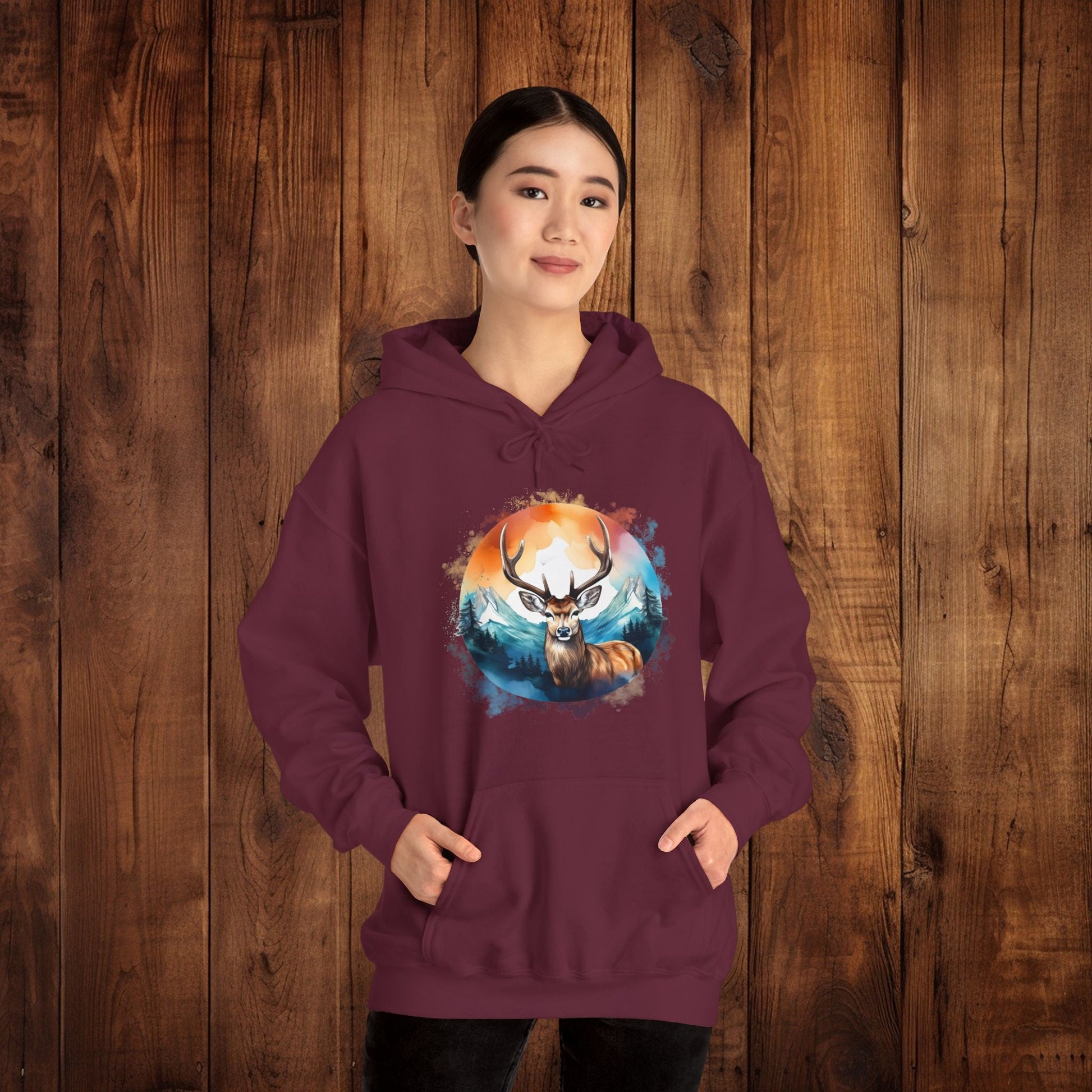Deer Mountain Hoodie Sweatshirt, Nature Lover Gift, Outdoor Enthusiast, Wildlife Clothing, Winter Scene Pullover, Mountain Landscape Top - EternalAscension