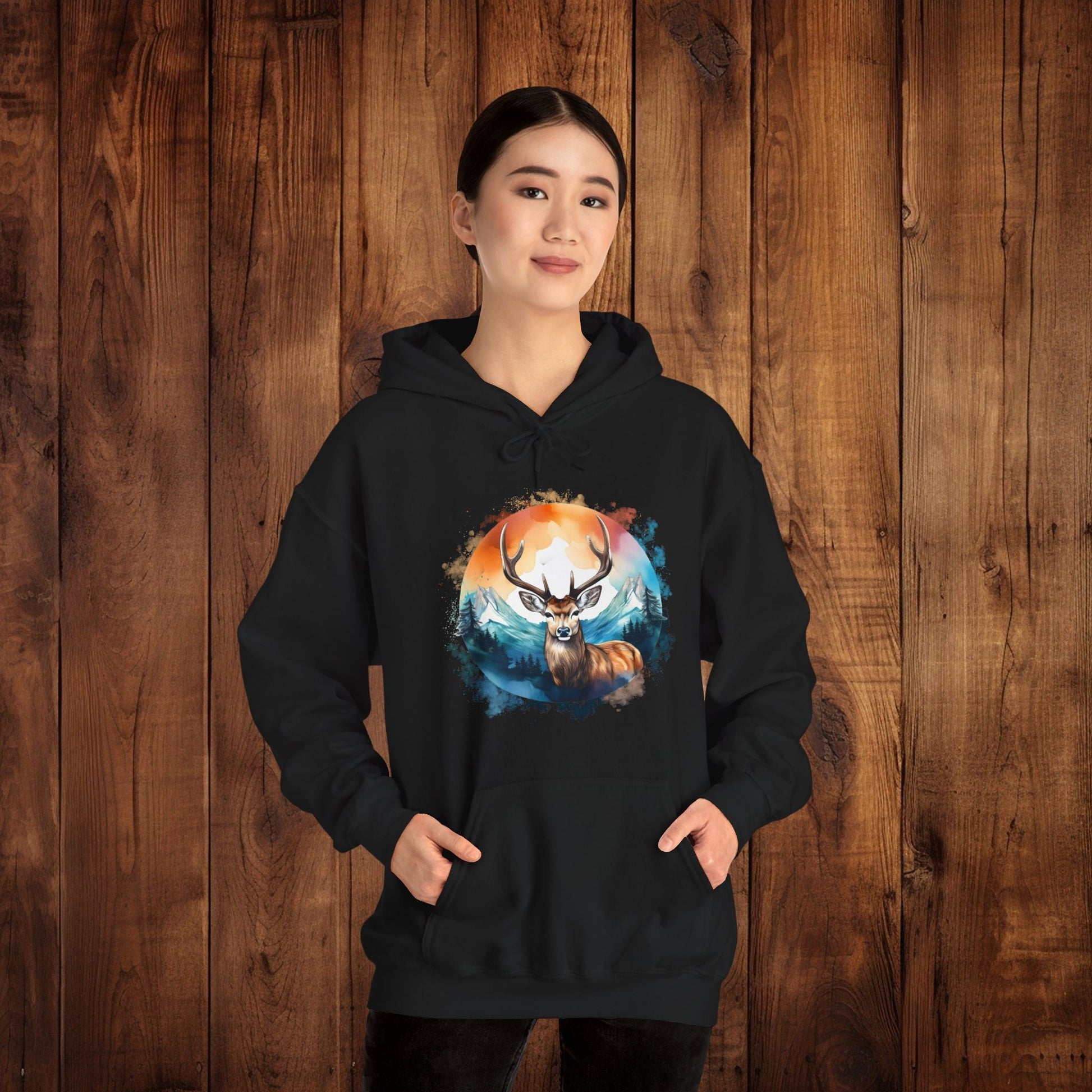 Deer Mountain Hoodie Sweatshirt, Nature Lover Gift, Outdoor Enthusiast, Wildlife Clothing, Winter Scene Pullover, Mountain Landscape Top - EternalAscension