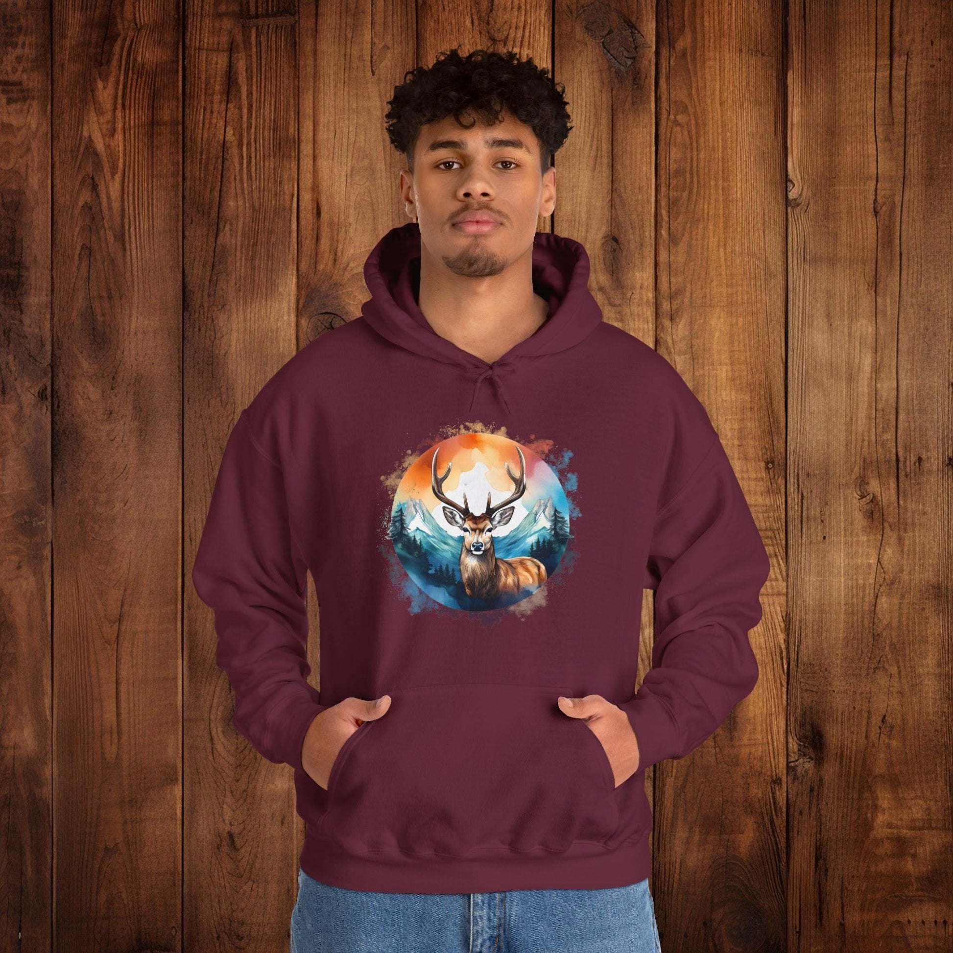 Deer Mountain Hoodie Sweatshirt, Nature Lover Gift, Outdoor Enthusiast, Wildlife Clothing, Winter Scene Pullover, Mountain Landscape Top - EternalAscension