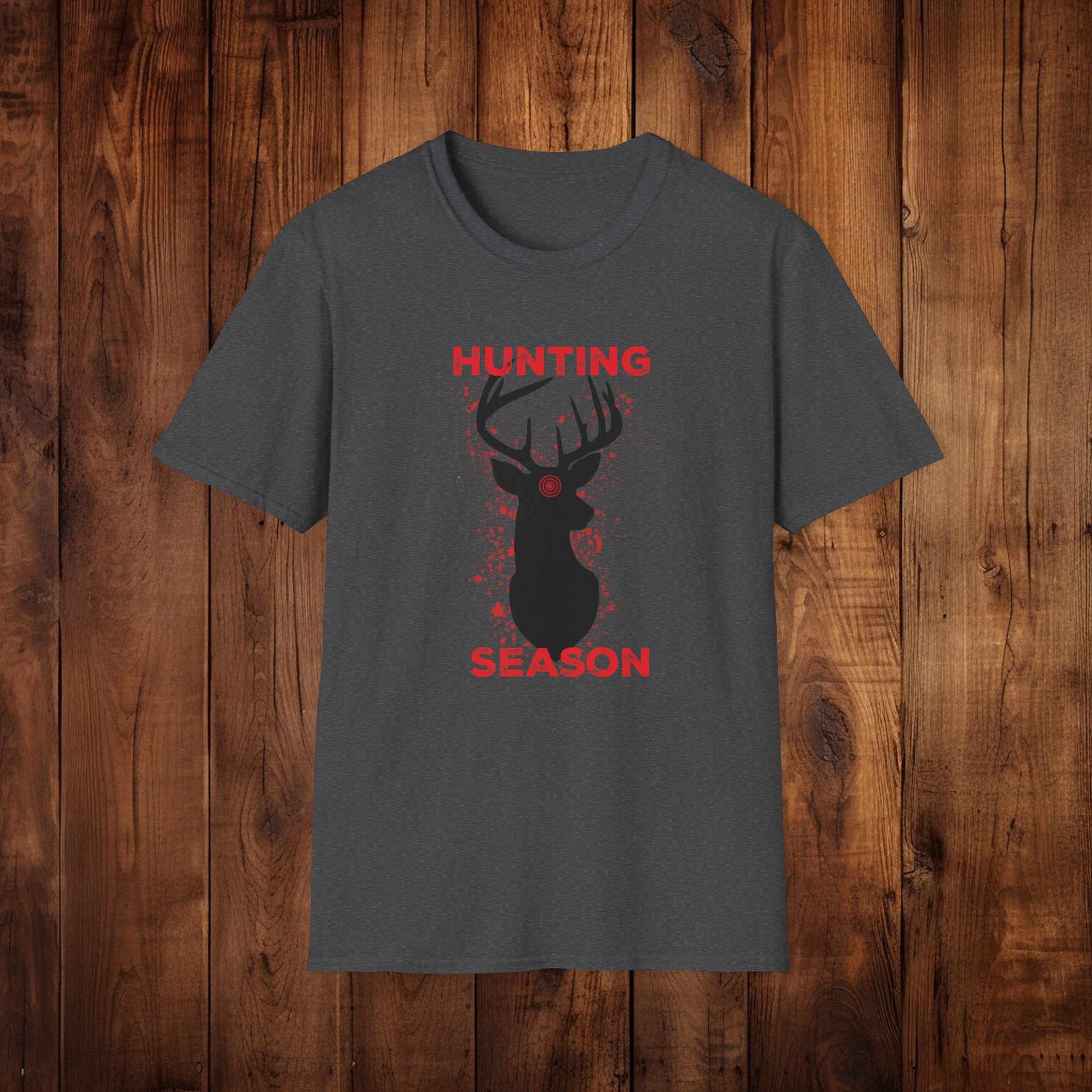 Deer Silhouette Hunting Season Unisex Softstyle T-Shirt - Wildlife Target Antlers Red Paint Splatter Tee, Hunter Gift, Outdoor Apparel, - EternalAscension