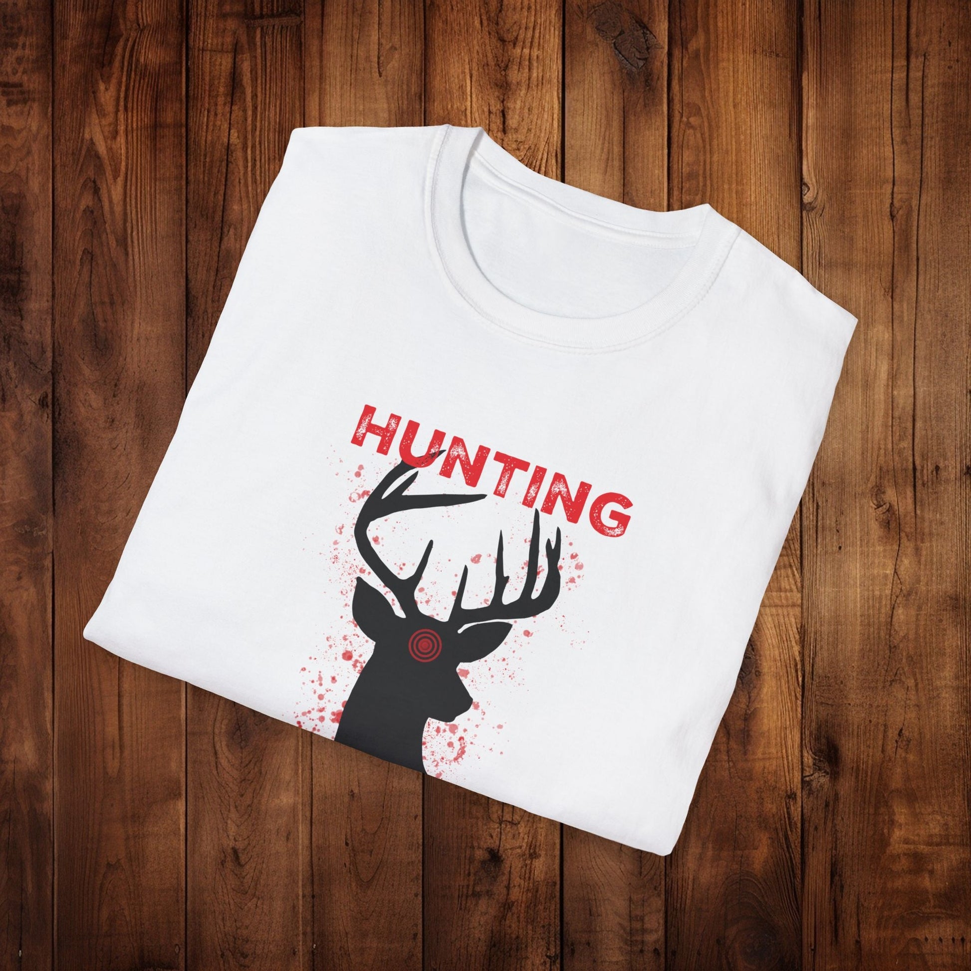 Deer Silhouette Hunting Season Unisex Softstyle T-Shirt - Wildlife Target Antlers Red Paint Splatter Tee, Hunter Gift, Outdoor Apparel, - EternalAscension