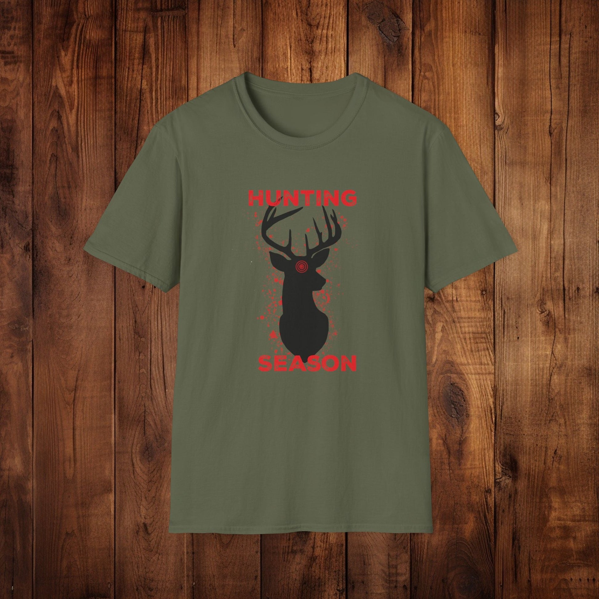 Deer Silhouette Hunting Season Unisex Softstyle T-Shirt - Wildlife Target Antlers Red Paint Splatter Tee, Hunter Gift, Outdoor Apparel, - EternalAscension
