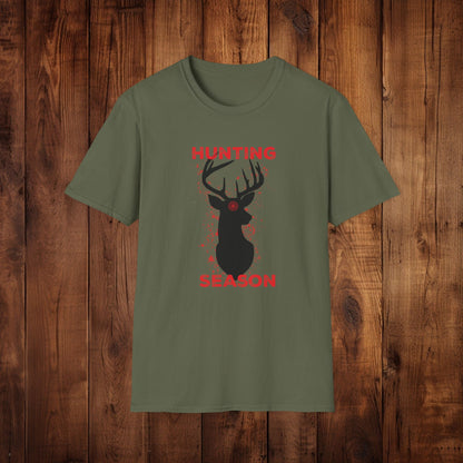 Deer Silhouette Hunting Season Unisex Softstyle T-Shirt - Wildlife Target Antlers Red Paint Splatter Tee, Hunter Gift, Outdoor Apparel, - EternalAscension