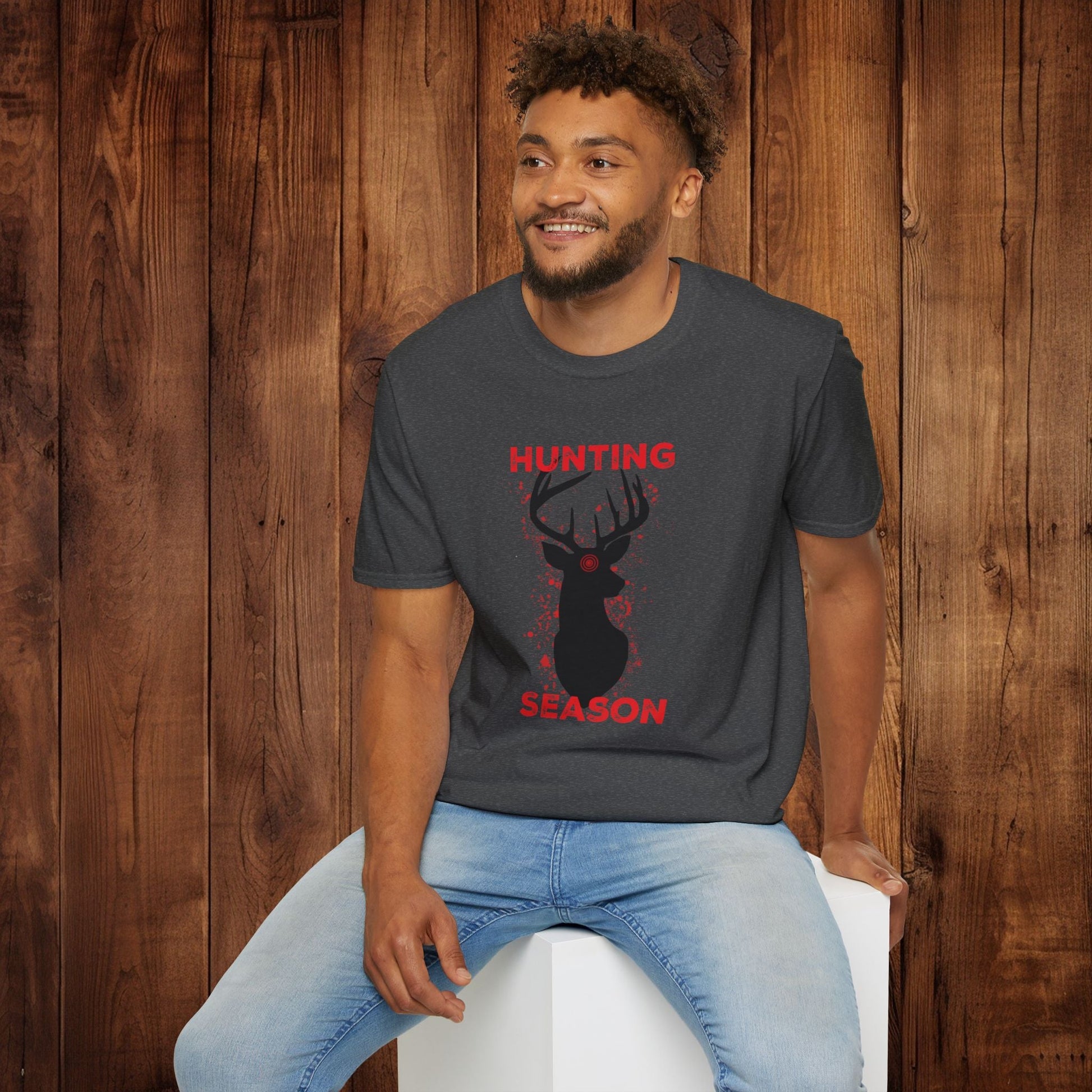 Deer Silhouette Hunting Season Unisex Softstyle T-Shirt - Wildlife Target Antlers Red Paint Splatter Tee, Hunter Gift, Outdoor Apparel, - EternalAscension