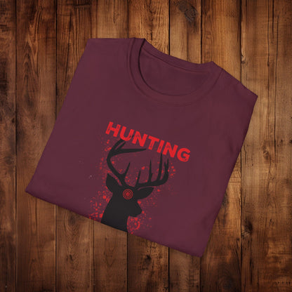 Deer Silhouette Hunting Season Unisex Softstyle T-Shirt - Wildlife Target Antlers Red Paint Splatter Tee, Hunter Gift, Outdoor Apparel, - EternalAscension