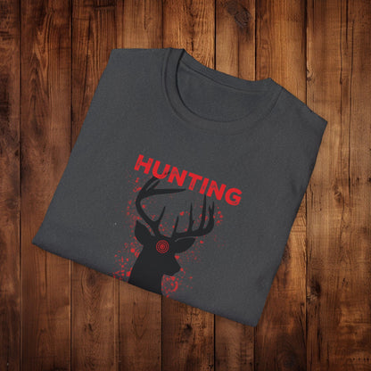 Deer Silhouette Hunting Season Unisex Softstyle T-Shirt - Wildlife Target Antlers Red Paint Splatter Tee, Hunter Gift, Outdoor Apparel, - EternalAscension