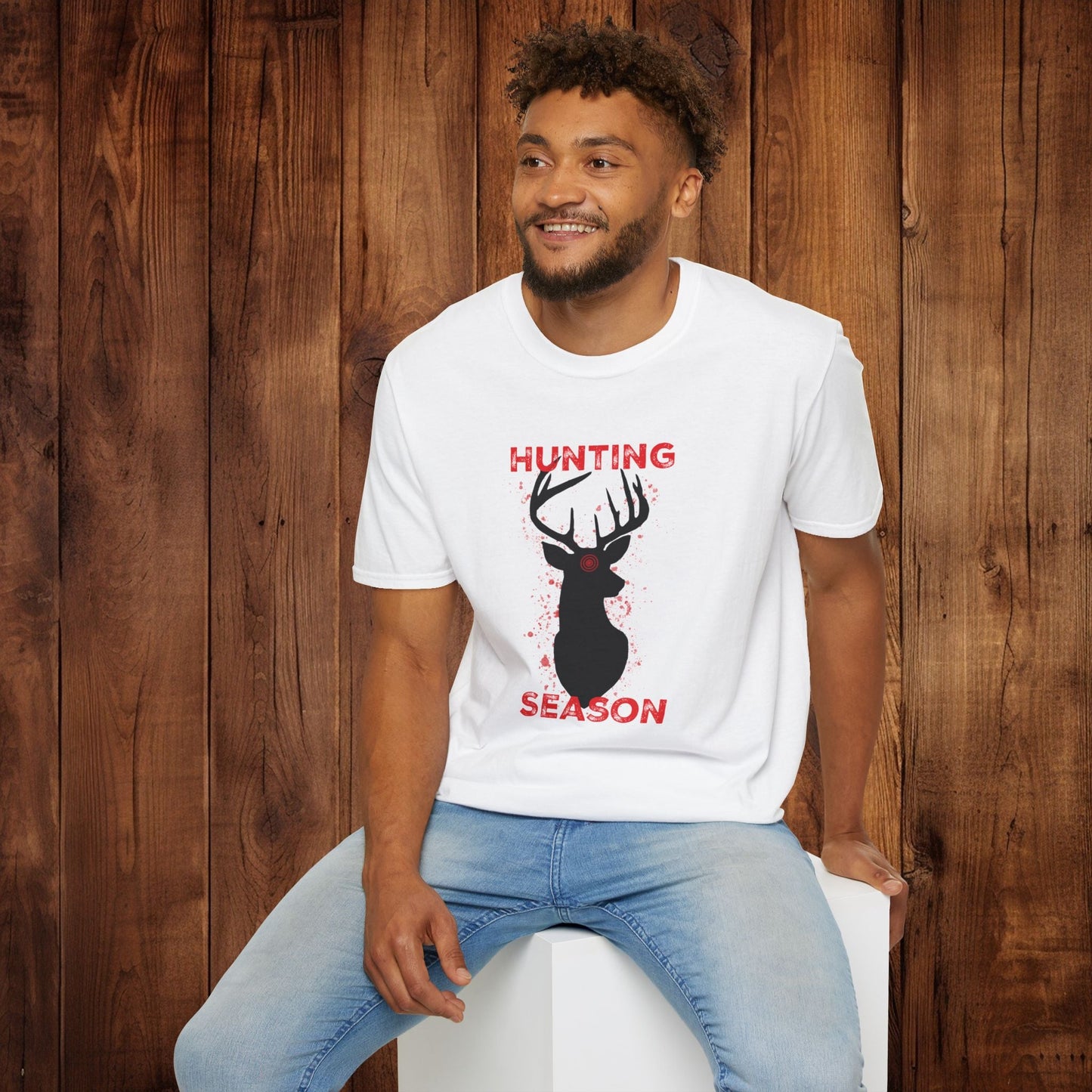 Deer Silhouette Hunting Season Unisex Softstyle T-Shirt - Wildlife Target Antlers Red Paint Splatter Tee, Hunter Gift, Outdoor Apparel, - EternalAscension